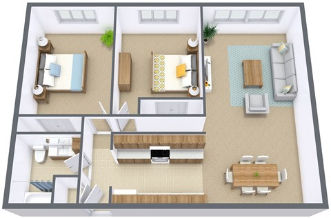 Floor plan for 2 beds, 1 bath